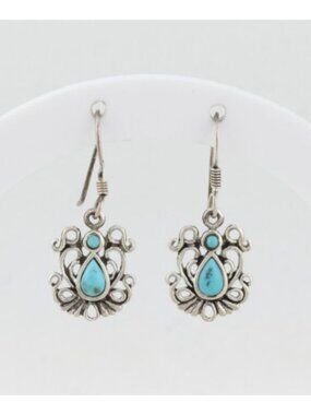 Sterling Silver Turquoise Earrings Dangle Drop 1 1/8" x 1/2" inch